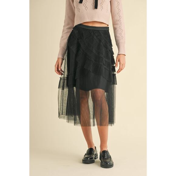 Frill Mesh Tulle Midi Skirt Black - Picture 1 of 7